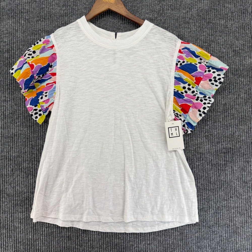 THML Ruffle Sleeve Top Womens L White New Abstract Print Slub Knit SRT1467